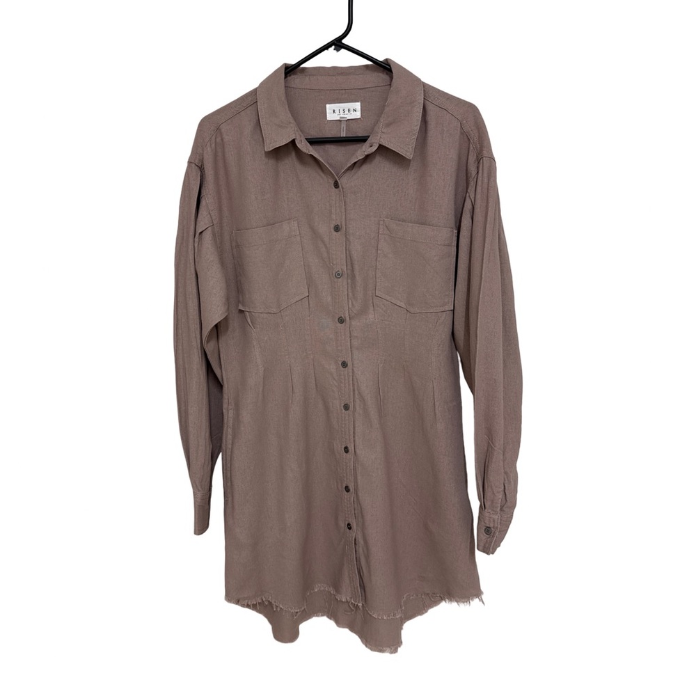 RISEN Los Angeles Linen Blend Button Up Midi Shirt Dress With Pockets Small